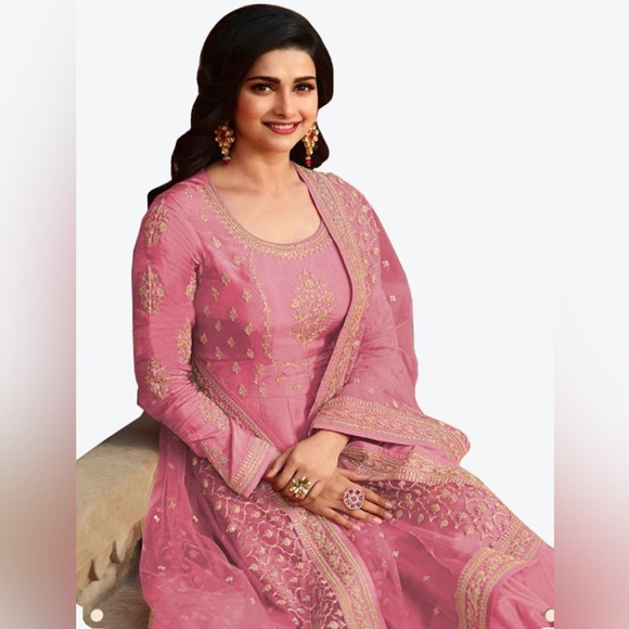 Purplish Pink Dola Silk Designer Anarkali Suit With Dupatta - Picture 2 of 3